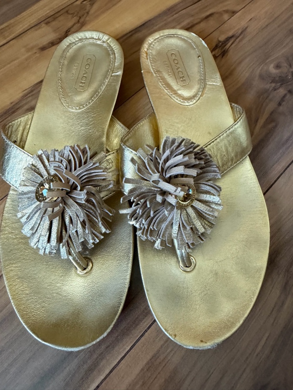 COACH Metallic Gold Leather Tassel Toe-Post Sandals - Picture 1 of 9